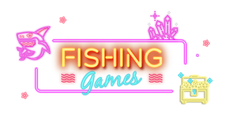 Darken neon style shark, treasure box and crystal with link to Rescuebet fishing game page.