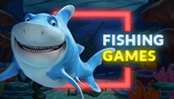 Animated shark in front of under the sea background with button to link to Rescuebet fishing game page.