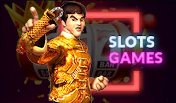 Animated Chinese fighter in front of slot games background with button to link to Rescuebet slot games page.